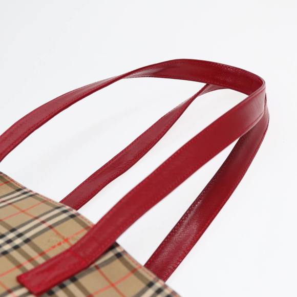 BURBERRY Nova Check Tote Bag Canvas Leather Beige Gold Red Auth 86159 - Picture 8 of 16